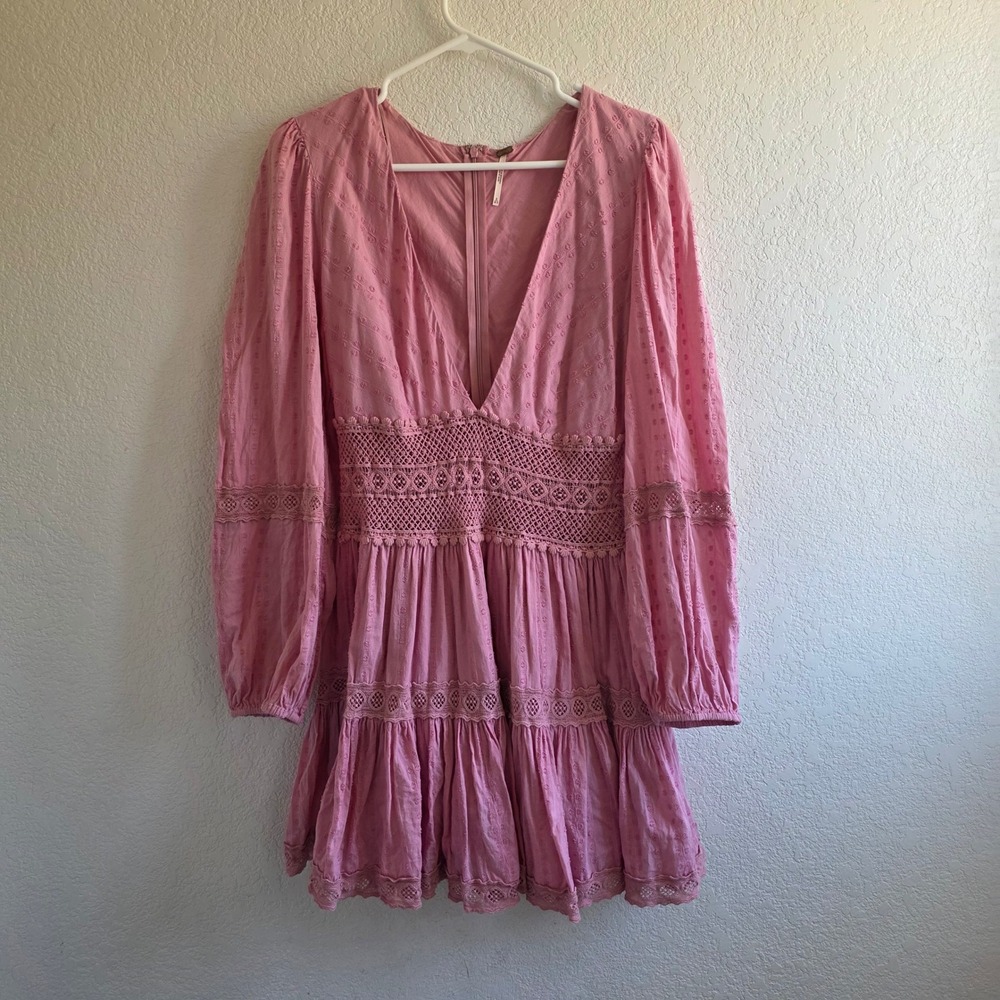 Free People Heartbeats Mini Dress Pink Crochet Lace Boho OB1084337 Womens 6 - Picture 3 of 8